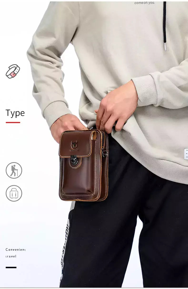 BULLCAPTAIN-Pacotes de Cintura de Couro Genuíno para Homens, Cinto Casual, Bolsa de Telefone Móvel 100% Couro Pequena Bolsa de Ombro