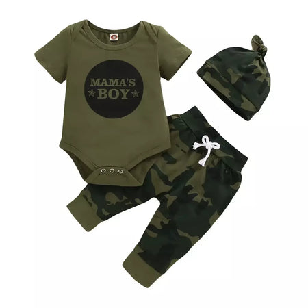 Conjunto de roupas para bebês recém-nascidos de 0 a 18 meses, estampa de letras, body de manga curta + calças camufladas + chapéu, 3 peças, roupas de verão para meninos