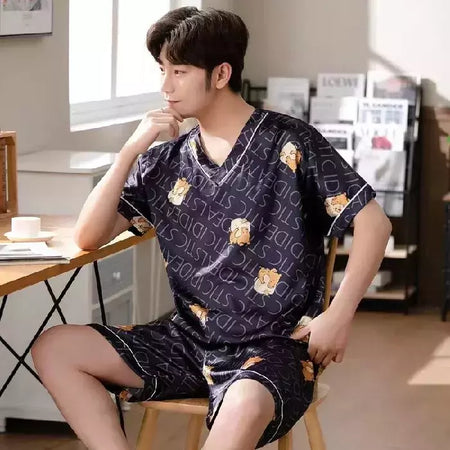 Conjunto de pijama de seda gelo manga curta masculino, pijama casual fino de simulação, tamanho grande, roupa para casa, verão, 2 peças