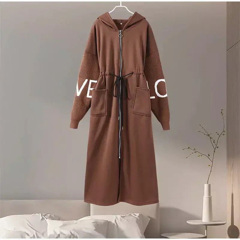 Casual longo retalhos casacos de malha feminino casual hoodies rendas até bolsos jaquetas femininas 2024 outono inverno nova senhora outerwears