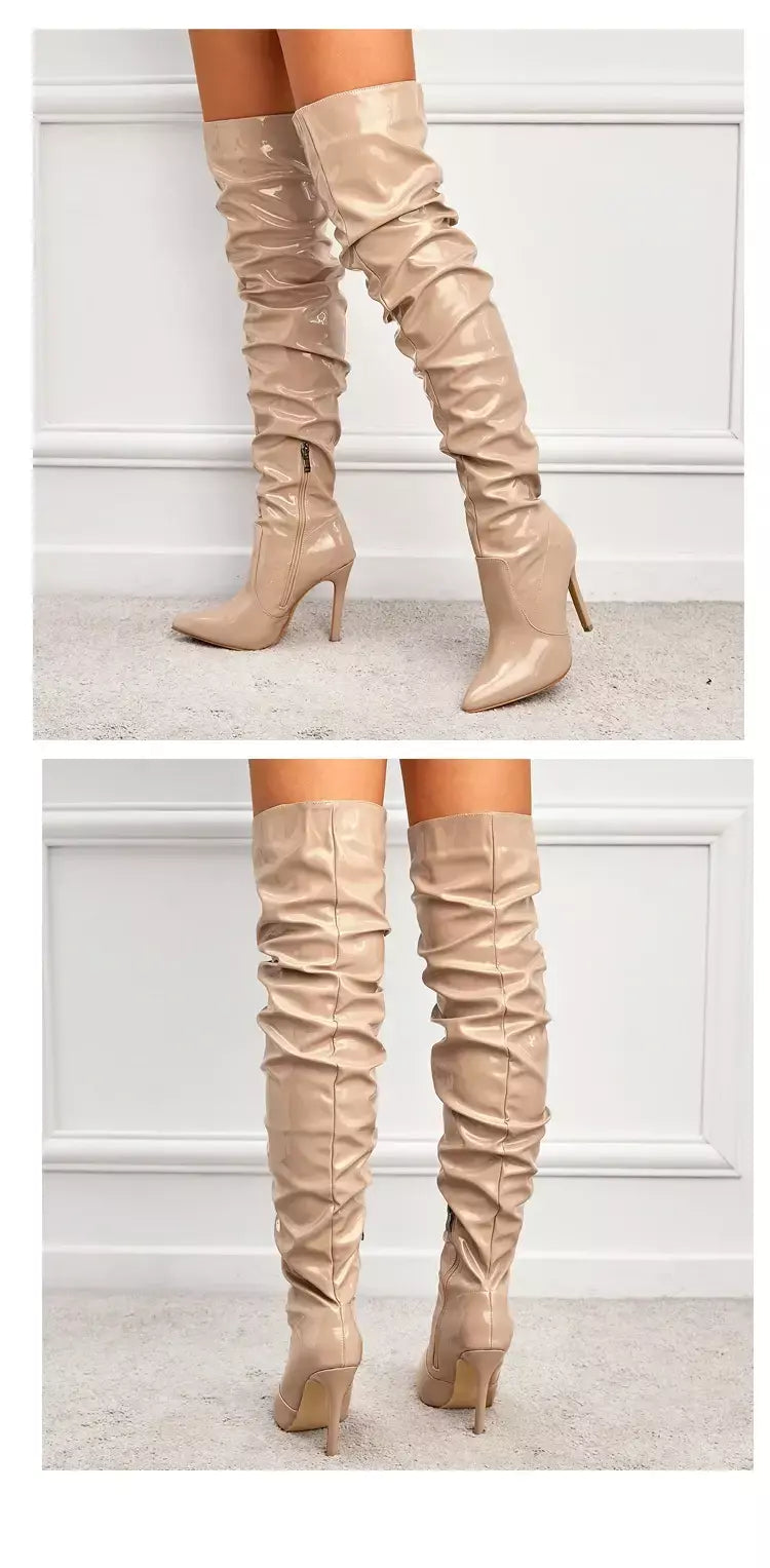 Eilyken-Patent Leather Apontado Toe Salto Alto para Mulheres, Botas Vermelhas Sobre o Joelho, Sapatos de Zíper Lateral, Stiletto Sólido, Calçado Feminino