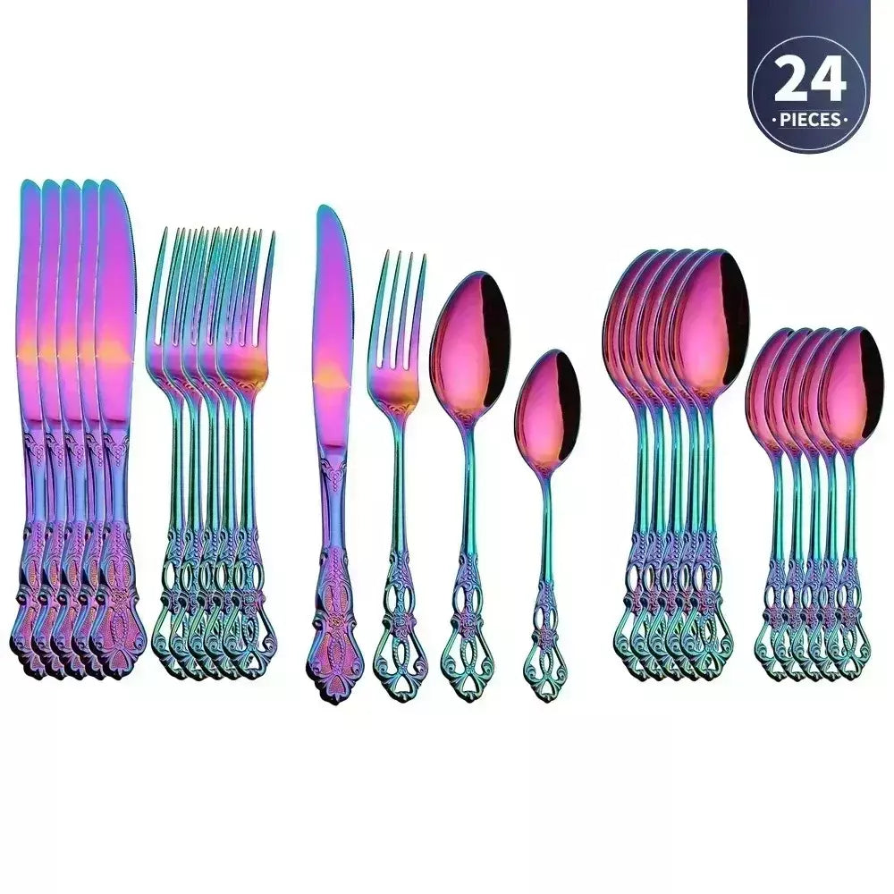 Conjunto de talheres de aço inoxidável dourado, colher europeia real, garfo, talheres completos, design retrô, seguro para máquina de lavar louça, talheres elegantes