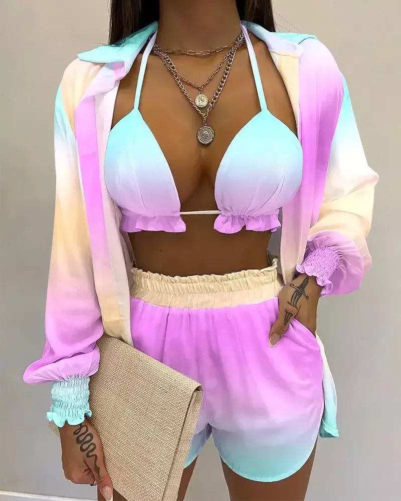 Fato de banho feminino de três peças, moda praia sexy, biquíni de cintura alta, maiô estampado, shorts para cobrir, moda praia de verão, novo 2024