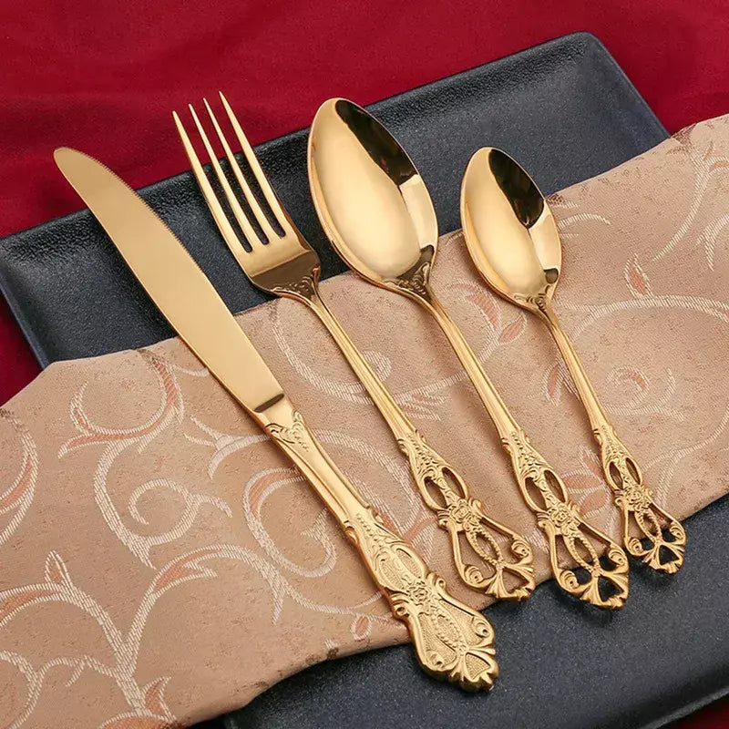Conjunto de talheres de aço inoxidável dourado, colher europeia real, garfo, talheres completos, design retrô, seguro para máquina de lavar louça, talheres elegantes