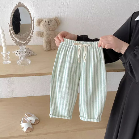 Calças listradas de algodão de linho vintage para meninos casual bolso design elásticos calças de cintura para criança menina roupas crianças