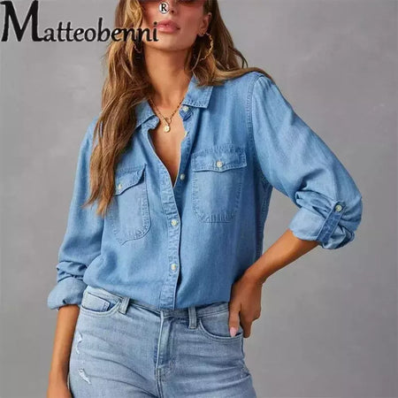 Camisa jeans fina de peito único feminina, bolso de emenda, manga longa, tops de lapela, confortável, blusa casual para mulheres, outono