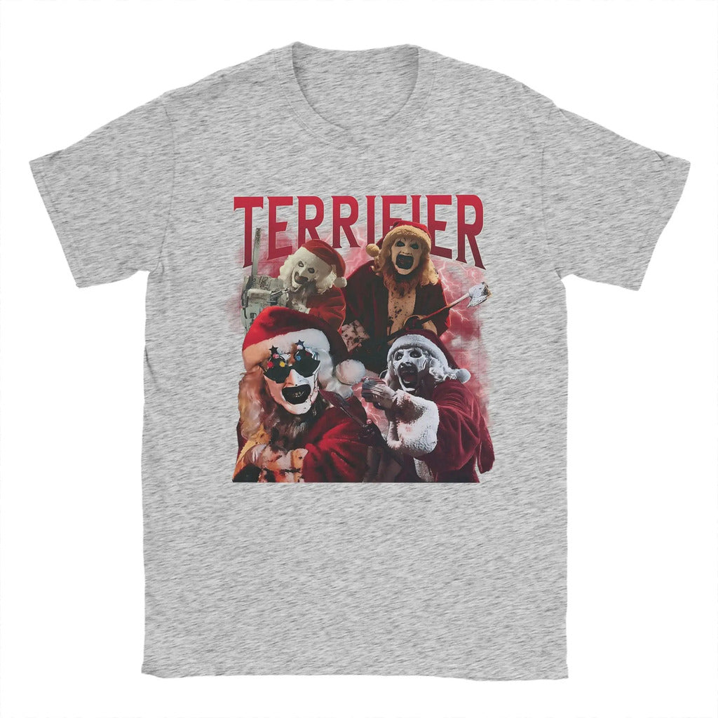Arte engraçada os palhaços terrifier natal camiseta masculina em torno do pescoço puro algodão t camisas de manga curta camiseta impressa topos