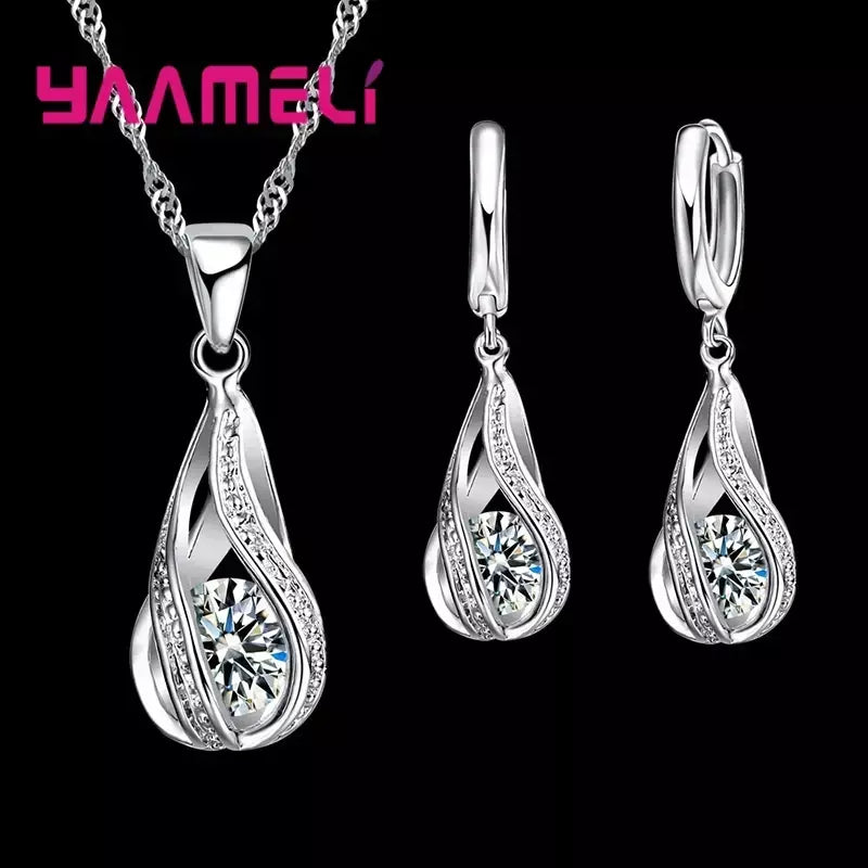 Gota de água quente cz 925 prata esterlina banhado conjunto de jóias para mulheres pingente colar brincos de argola festa de casamento ketey anel