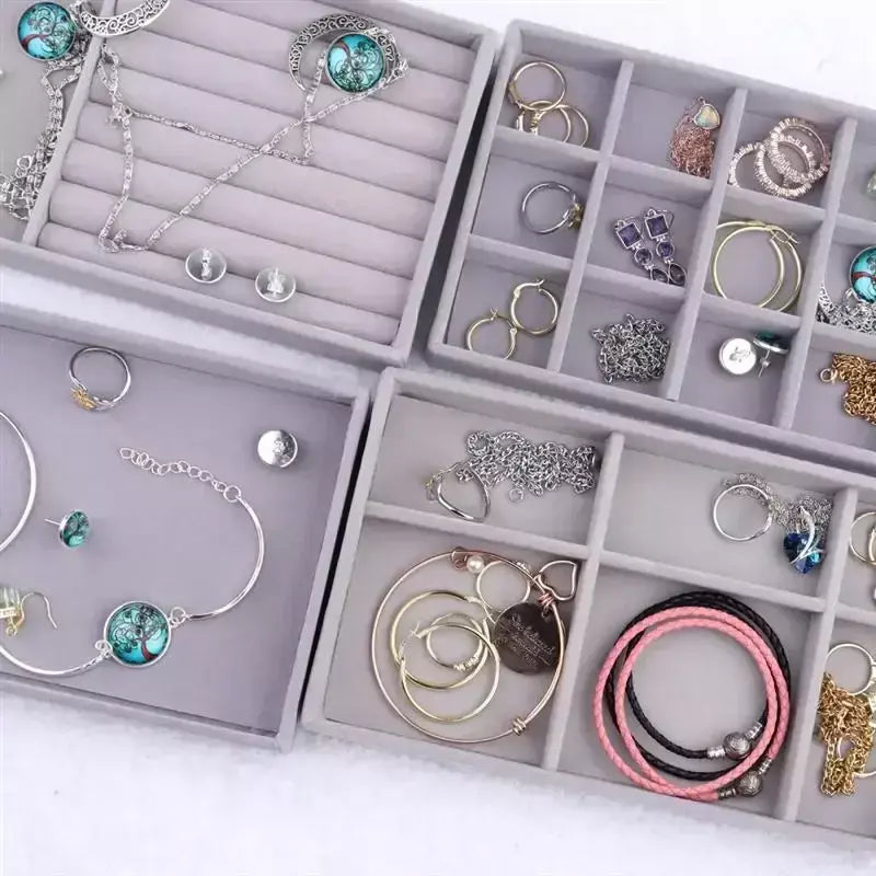 Atualizar caixa de armazenamento de jóias de veludo colar empilhável bandeja de exibição pulseira brinco organizadores diy artesanato gaveta caixa cinza