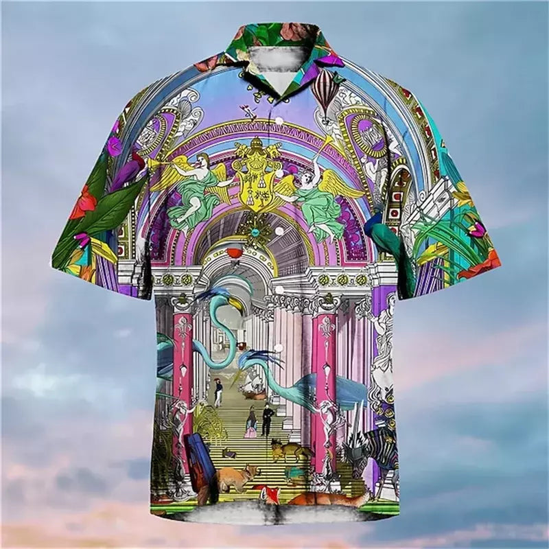 Camisa dos homens do vintage 3D Havaiano Casual Wear Férias de praia Soltas montagem Masculina Top 2023 Dos Desenhos Animados Padrão Manga Curta Ao Ar Livre
