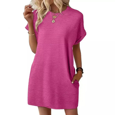 2026 robe femmes soiree manga curta em torno do pescoço mini vestido de cor sólida das mulheres bolso novo solto escritório deslocamento versátil vestido