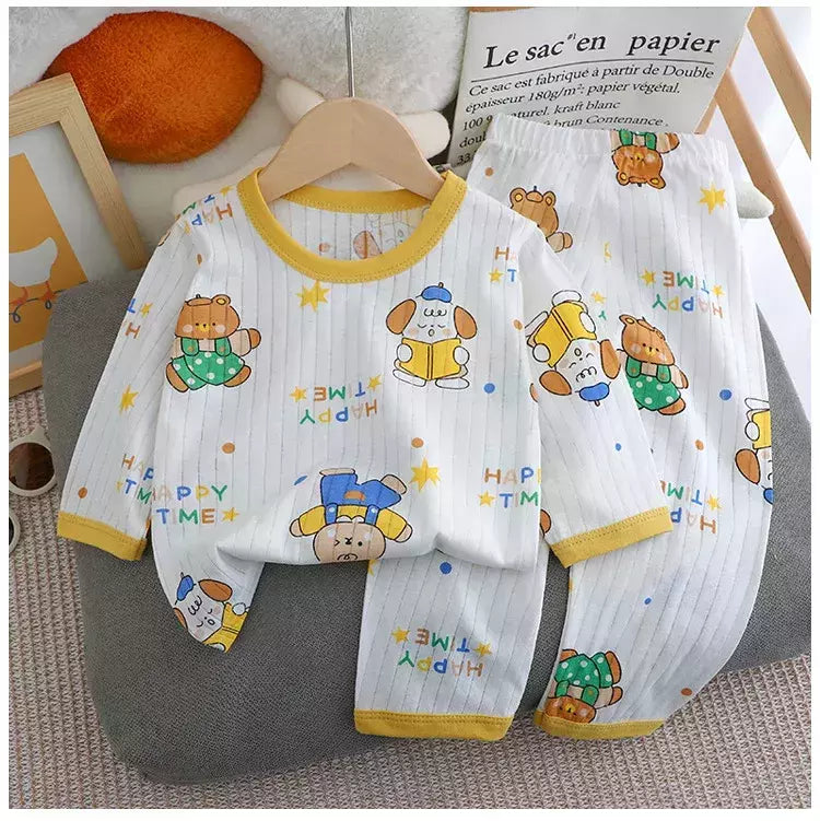 Pijama de algodão puro para meninos e meninas, camiseta fina de manga comprida, tops e calças lindos desenhos animados, conjuntos de roupas infantis, verão, novo, 2022