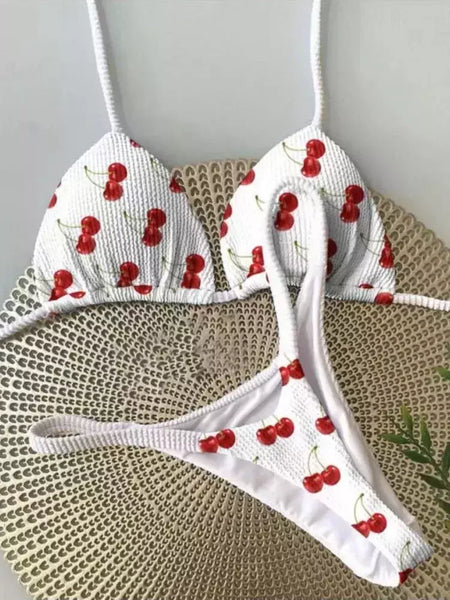 Conjunto brasileiro de biquíni tanga para mulheres, moda praia, tanga sexy, maiô, 2 peças, roupa de banho, estampa cereja fofa, 2023