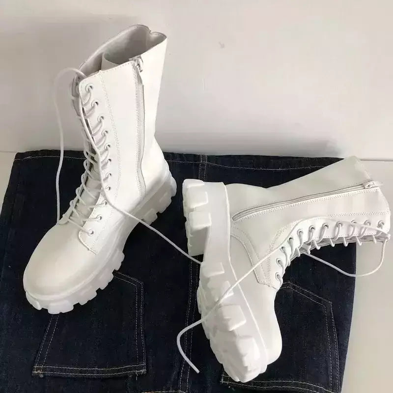 Botas de zíper com cadarço para mulheres, salto de plataforma esportiva, sapatos femininos, outono, inverno, moda, novo, 2024