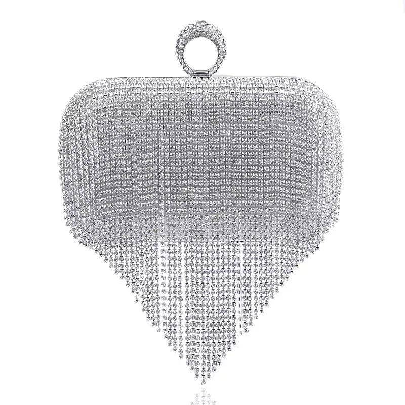 Embreagem de borla de diamantes brilhantes para mulheres, bolsa caixa de metal, bolsa de festa noturna, alça redonda, moda
