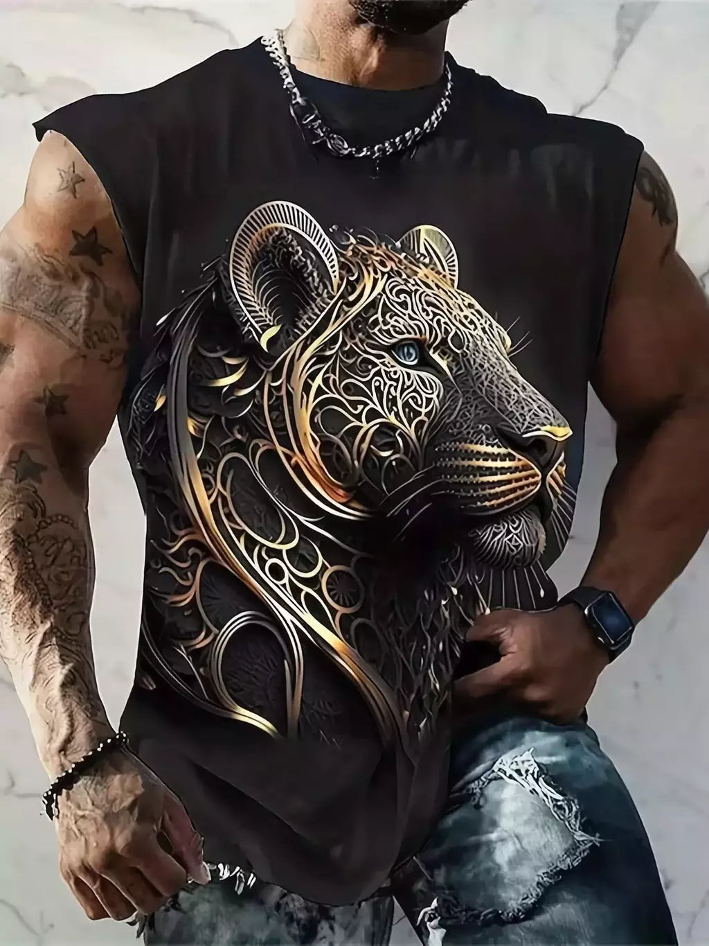 Camisola de alças estampada 3D leão tigre masculina, poliéster, versátil, casual, dominante na rua, gola redonda, sem mangas, primavera, verão, novo