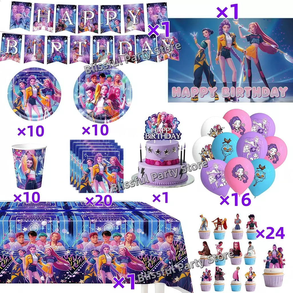 Conjunto de talheres para decoração de festa de aniversário, caçadores de demônios, copo, prato, guardanapo, banner, balão, meninas, coreano, kpop, anime, suprimentos de festa, decoração