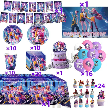 Conjunto de talheres para decoração de festa de aniversário, caçadores de demônios, copo, prato, guardanapo, banner, balão, meninas, coreano, kpop, anime, suprimentos de festa, decoração