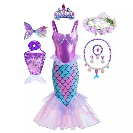 Meninas escala roxa princesa sereia ariel cosplay vestido de halloween vestido de festa de aniversário meninas verão praia vestido de férias