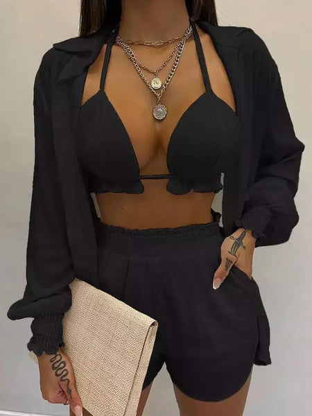Fato de banho feminino de três peças, moda praia sexy, biquíni de cintura alta, maiô estampado, shorts para cobrir, moda praia de verão, novo 2024