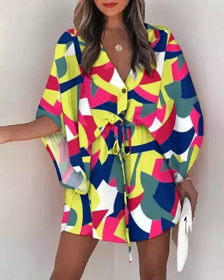 Mini vestido solto com cordão feminino, manga de batwing, botão sexy, gola V, cobertura de festa, estampa moda praia, verão