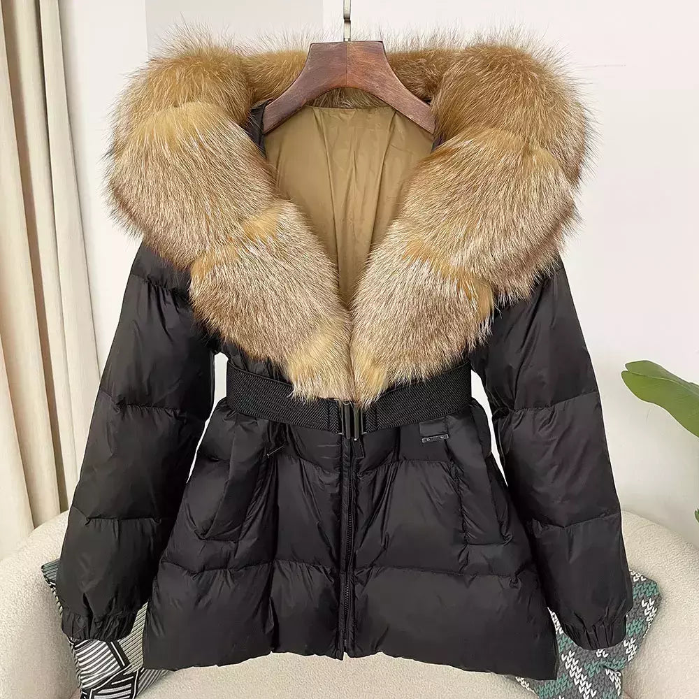 Oftbuy 2024 jaqueta de inverno feminina gola de pele de raposa natural real com capuz grosso quente 90% pato branco para baixo casaco feminino streetwear casual