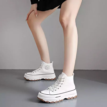 Tênis casual de cano alto para mulheres, com cordões, lona de altura da plataforma, antiderrapante, resistente ao desgaste, sapatos femininos vulcanizados, primavera, 2024