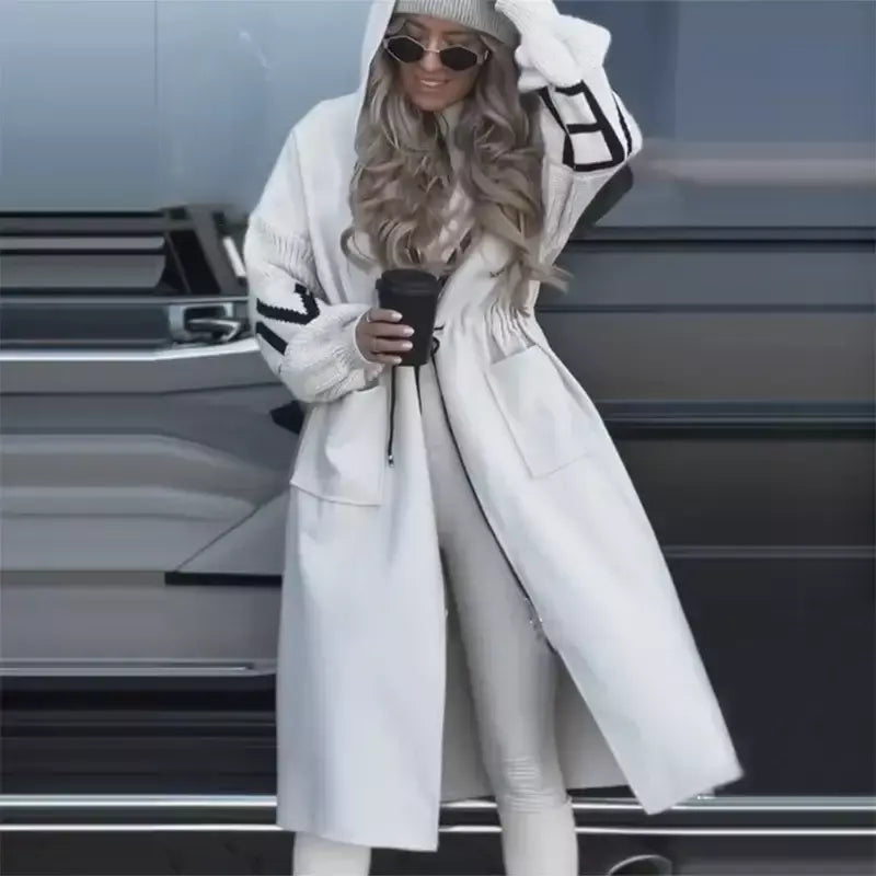 Casual longo retalhos casacos de malha feminino casual hoodies rendas até bolsos jaquetas femininas 2024 outono inverno nova senhora outerwears