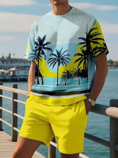 Camiseta de praia havaiana masculina, conjunto de 2 peças, manga curta, estampa palmeira, decote em O, moda exterior, casual, verão