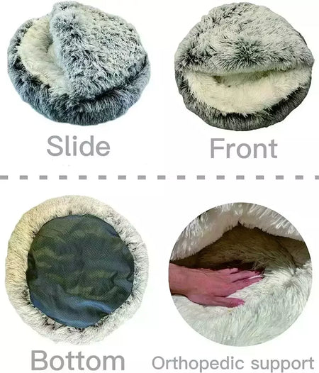 Almofada redonda para gatos, sacos de dormir semi fechados para animais de estimação, pelúcia longa e macia 2 em 1, camas quentes para gatos, conforto simples, ninho de dormir quente para cachorros