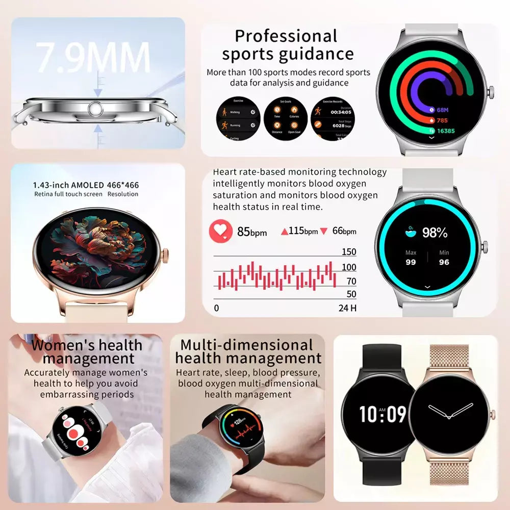 Para huawei novo ultra fino amoled relógio inteligente tela feminina sempre exibir tempo freqüência cardíaca bt chamando high-end moda smartwatch