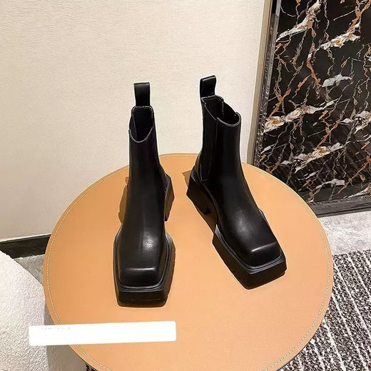 Mulheres de couro genuíno botas nuas novo salto grosso chelsea botas dedo do pé quadrado botas curtas de salto alto designer moda feminina botas