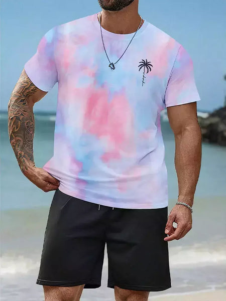 Camiseta de praia havaiana masculina, conjunto de 2 peças, manga curta, estampa palmeira, decote em O, moda exterior, casual, verão