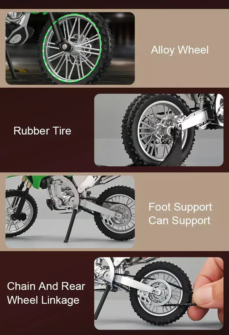 1:12 kawasaki kx450 nijia ZX-6R modelo de motocicleta brinquedo diecast liga carro roda dianteira direção absorção choque decorativo presente do menino