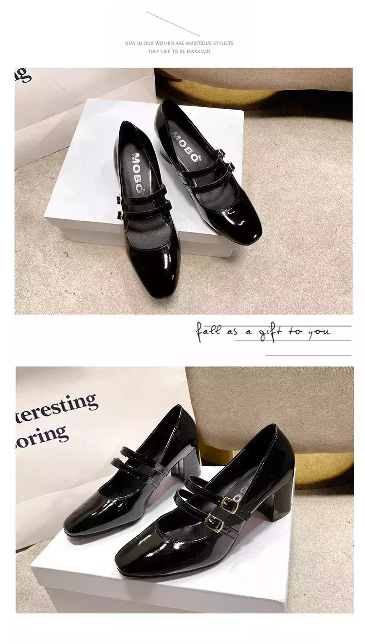 Sapatos Mary Janes de fivela dupla feminina, couro envernizado, cabeça quadrada, salto quadrado, cor sólida, primavera, outono, 2022