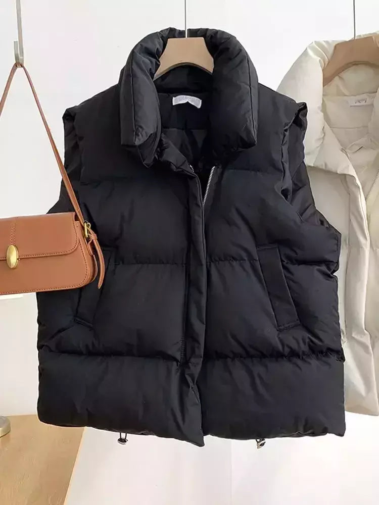 Jaqueta casual grossa solta feminina, casaco com gola simulada, zíper para cima, colete quente sólido, jaqueta puffer, outono, inverno, 2023