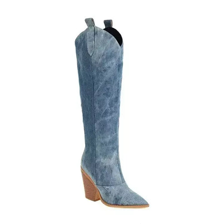 Denim ocidental mulheres joelho coxa botas altas novo 2024 outono inverno salto alto cowboy botas longas tamanho 43 deslizamento em sapatos femininos