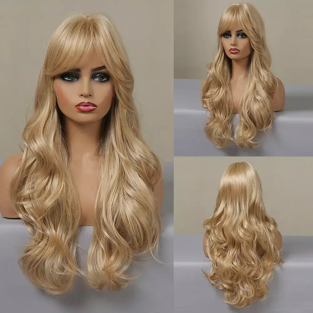 Louis ferre longo ombre loira perucas sintéticas com franja para mulheres onda natural penteado fibra resistente ao calor cosplay perucas marrons
