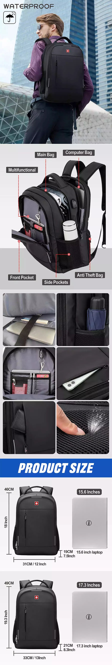 SWISS MILITARY-Mochila impermeável para laptop USB de grande capacidade 17 "para homens, mochila de negócios de moda para escola, mochila