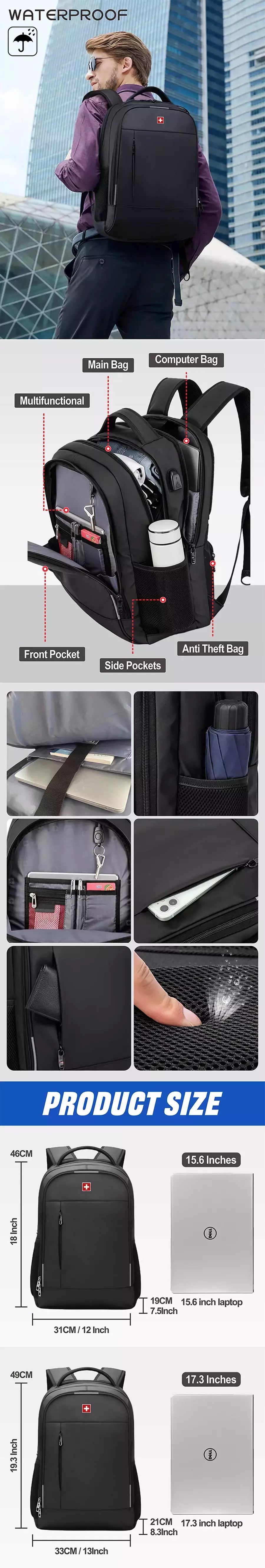 SWISS MILITARY-Mochila impermeável para laptop USB de grande capacidade 17 "para homens, mochila de negócios de moda para escola, mochila