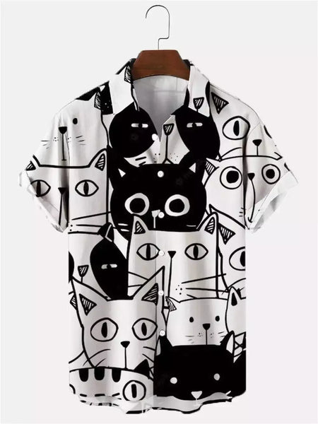 Camisa havaiana dos desenhos animados de anime masculino, Tops de manga curta, roupas casuais masculinas, rua, animais, gatos, retrô, 3D Tees, verão