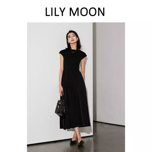 LILYMOON-vestido longo de emenda francês, saia de cintura alta, preto, fino, temperamento, cem, moda, verão