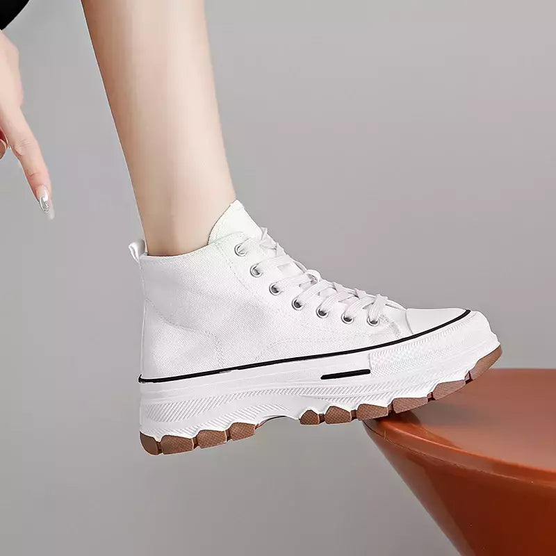 Tênis casual de cano alto para mulheres, com cordões, lona de altura da plataforma, antiderrapante, resistente ao desgaste, sapatos femininos vulcanizados, primavera, 2024