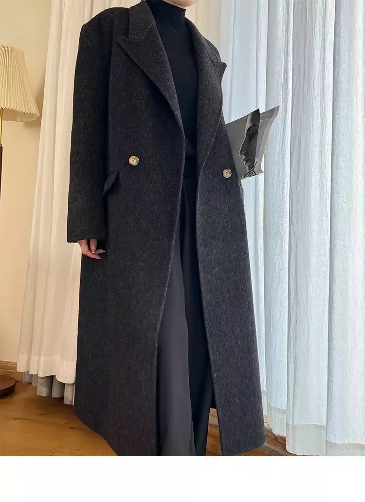 Casaco de alpaca de lã feminino, jaquetas de lã, trespassado duplo, gola de terno, solto, Casacos longos, senhora do escritório, outono, inverno, 2022