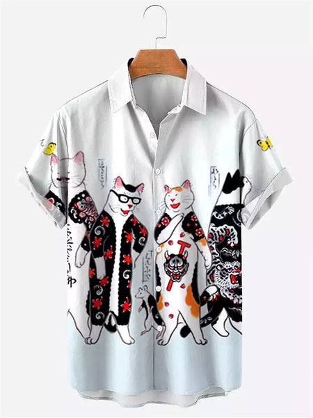 Camisa havaiana dos desenhos animados de anime masculino, Tops de manga curta, roupas casuais masculinas, rua, animais, gatos, retrô, 3D Tees, verão