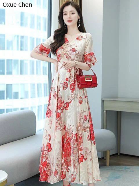 Vestido longo com cintura feminina, elegante vestido emagrecedor, manga curta, na moda