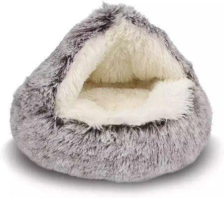 Almofada redonda para gatos, sacos de dormir semi fechados para animais de estimação, pelúcia longa e macia 2 em 1, camas quentes para gatos, conforto simples, ninho de dormir quente para cachorros