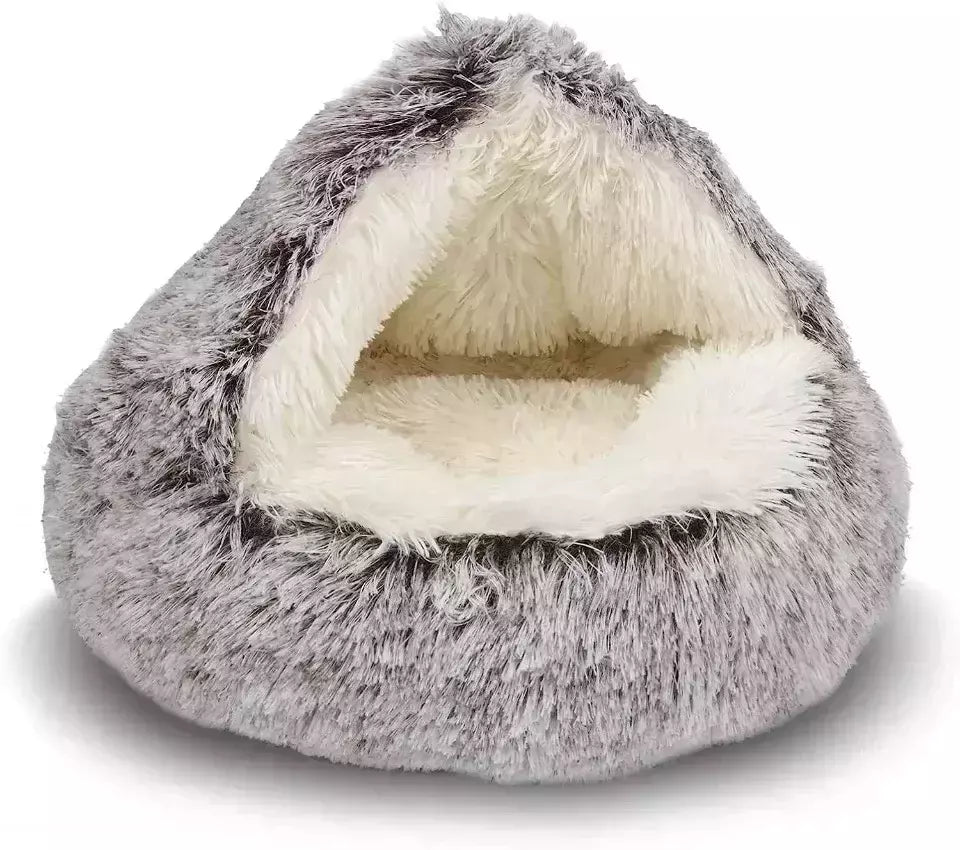 Almofada redonda para gatos, sacos de dormir semi fechados para animais de estimação, pelúcia longa e macia 2 em 1, camas quentes para gatos, conforto simples, ninho de dormir quente para cachorros