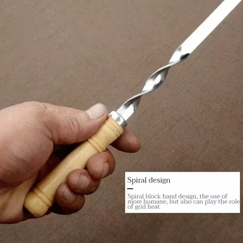 Espetos de churrasco de aço inoxidável alça longa 55cm alça de churrasco de madeira grande vara plana ao ar livre piquenique ferramentas de churrasco