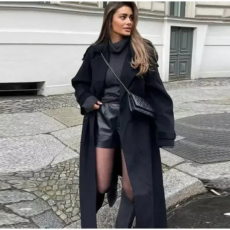 Trench coat maxi oversized feminino com lapela entalhada com cinto duplo breasted vintage streetwear 2025 tendência casual casacos diários